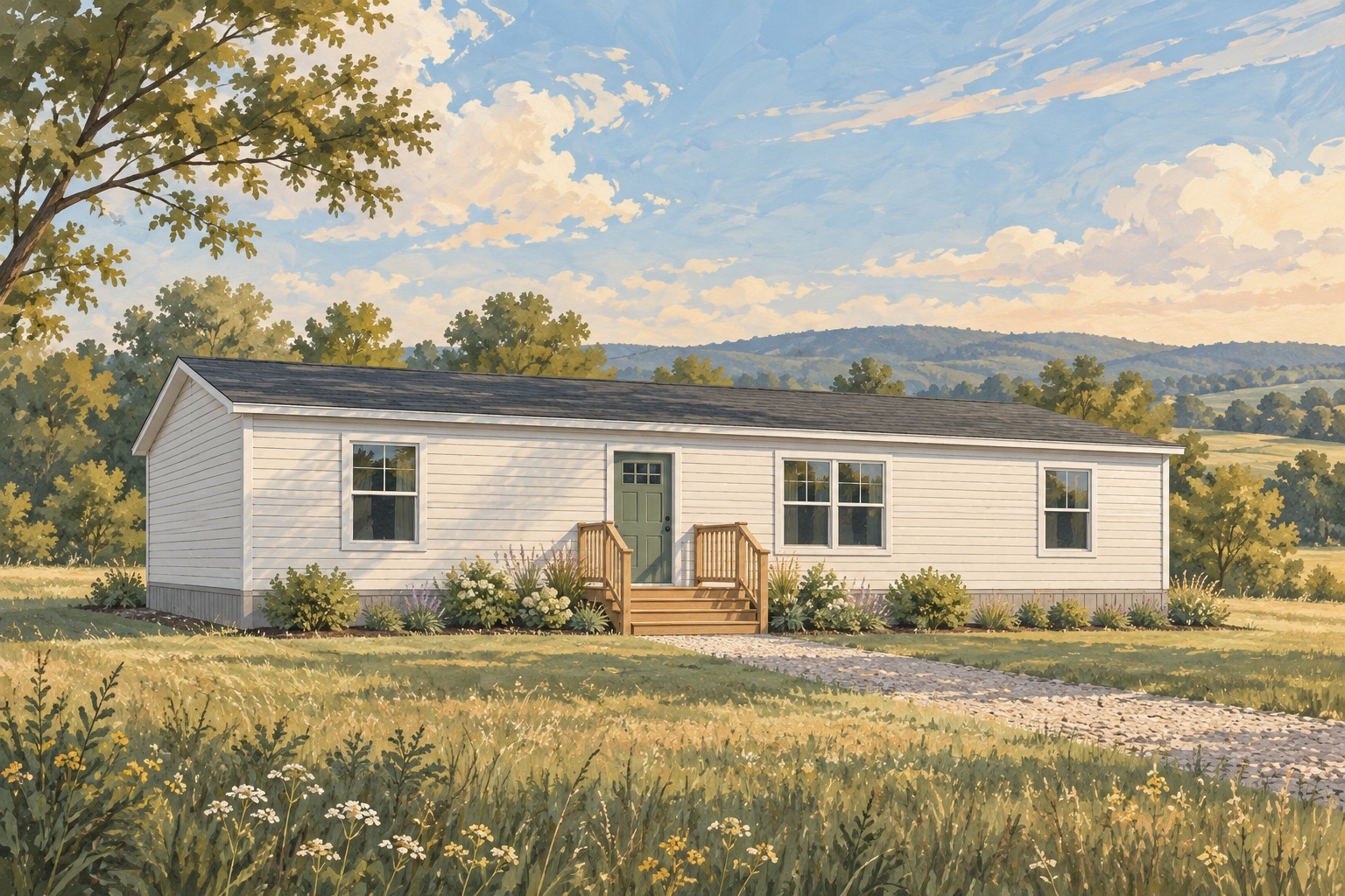 Illustration of a manufactured home with a small front porch in a green countryside setting.